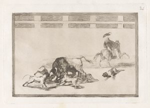Echan perros al toro (De løse hunde på tyren), plade 25 fra La tauromaquia af Francisco de Goya