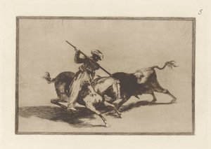 Den livlige Moro Gazul er den første til at lancere? tyre i orden (The Spirited Moor Gazul er den første til at spyd tyre ifølge reglerne), Plade 5 fra La tauromaquia af Francisco de Goya