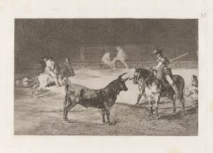 El c?lebre Fernando del Toro, barilarguero, tvinger udyret med sin stang (Den fejrede Picador, Fernando del Toro, tegner det voldsomme udyr på med sin piké), plade 27 fra La tauromaquia af Francisco de Goya