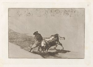 Den diestr?sm-elev af False, præget driller tyren med sine pauser (The Very Skilful Student of False, Wrapped in his Cape, Tricks the Bull with the Play of his Body), Plade 14 fra The Tauromachia af Francisco de Goya