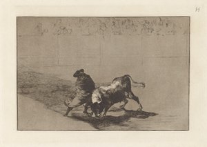 Den diestr?sm-elev af False, præget driller tyren med sine pauser (The Very Skilful Student of False, Wrapped in his Cape, Tricks the Bull with the Play of his Body), Plade 14 fra The Tauromachia af Francisco de Goya