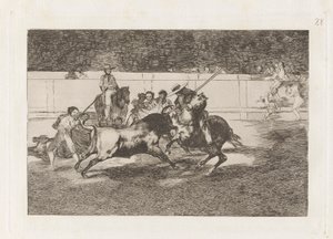 Den anstrengende Rendon, der bider en tyr, hvis skæbne døde han af? en la plaza de Madrid (Den kraftfulde Rendon stikker en Tyr med Piquén, hvorfra han døde i Ringen af ​​Madrid), Tavle 28 fra La tauromaquia af Francisco de Goya