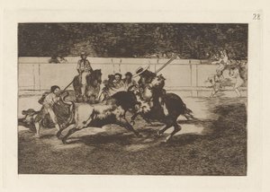 Den anstrengende Rendon, der bider en tyr, hvis skæbne døde han af? en la plaza de Madrid (Den kraftfulde Rendon stikker en Tyr med Piquén, hvorfra han døde i Ringen af ​​Madrid), Tavle 28 fra La tauromaquia af Francisco de Goya