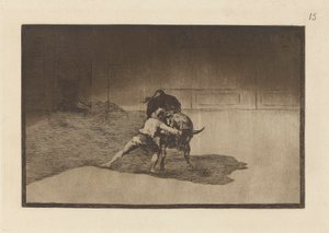 Den berømte Martincho, sætter banderillas til pause. (Den berømte Martincho placerer banderillaerne, der spiller tyren med sin krops bevægelse), tavle 15 fra La tauromaquia af Francisco de Goya