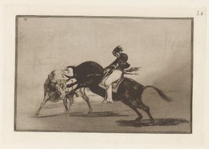 Den samme Ceballos monteret på en anden tyr knækker Rejones på Plaza de Madrid (Den samme Ceballos monteret på en anden tyr bryder korte spyd i ringen i Madrid), plade 24 fra La tauromaquia af Francisco de Goya