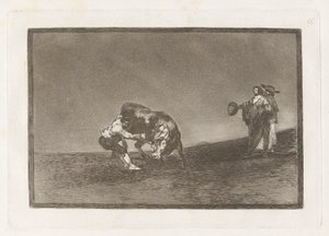 Han dumper selv en tyr på Madrids plaza (Den samme mand kaster en tyr i ringen ved Madrid), tavle 16 fra La tauromaquia af Francisco de Goya