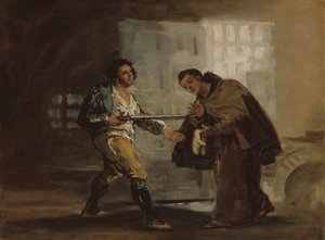 Broder Pedro tilbyder sko til El Maragato og forbereder sig på at skubbe sin pistol til side, ca. 1806. af Francisco de Goya