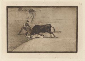 Pepe Illos uheldige død i ringen i Madrid (Pepe Illos uheldige død i ringen i Madrid), tavle 33 fra La tauromaquia af Francisco de Goya