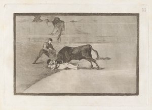 Pepe Illos uheldige død i ringen i Madrid (Pepe Illos uheldige død i ringen i Madrid), tavle 33 fra La tauromaquia af Francisco de Goya