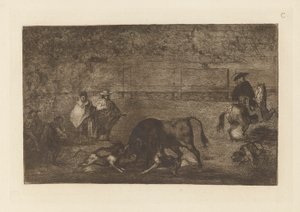 Hundene slipper løs på tyren, plade C fra La tauromaquia (tredje udgave) af Francisco de Goya