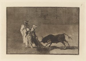 Maurerne laver endnu en capeo på pladsen med deres albornoz (Maurerne gør en anderledes leg i ringen Calling the Bull with their Burnous), Plade 6 fra La tauromaquia af Francisco de Goya
