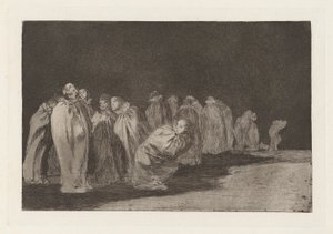 Los ensacados (Mændene i sække), også kendt som So el sayal, hay al (Der er noget under sækken), fra serien Los disparates (Los proverbios) af Francisco de Goya