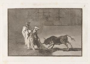 Maurerne laver endnu en capeo på pladsen med deres albornoz (maurerne laver et anderledes spil i ringen og kalder tyren med deres brændende), Plade 6 fra La tauromaquia af Francisco de Goya