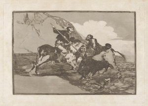 Hvordan jagtede de gamle spaniere tyrene? hest i marken (Måden hvorpå de gamle spaniere jagede tyre på hesteryg i det åbne land), tavle 1 fra La tauromaquia af Francisco de Goya