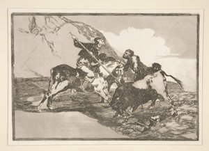 Hvordan jagtede de gamle spaniere tyrene? hest i marken (Måden hvorpå de gamle spaniere jagede tyre til hest i det åbne land), pl. 1 fra serien Tyrefægtning af Francisco de Goya