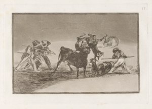 Palenque de los moros hecho con burros para defenderse del toro embolado (Maurerne bruger æsler som en barriere for at forsvare sig mod tyren, hvis horn er blevet tippet med bolde), plade 17 fra La tauromaquia af Francisco de Goya