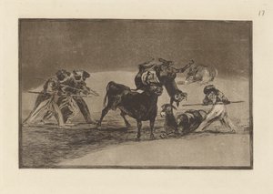 Palenque de los moros hecho con burros para defenderse del toro embolado (Maurerne bruger æsler som en barriere for at forsvare sig mod tyren, hvis horn er blevet tippet med bolde), plade 17 fra La tauromaquia af Francisco de Goya