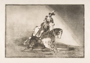 Tavle 10 fra La Tauromaquia: Charles V spidder en tyr i ringen ved Valladolid, 1816. af Francisco de Goya