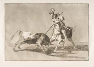 Tavle 11 fra Tauromaquia: Cid-campeadoren spidder en anden tyr., 1816. af Francisco de Goya