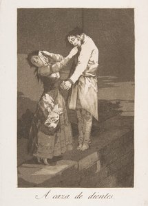Tavle 12 fra Los Caprichos: Ud på jagt efter tænder A caza de dientes., 1799. af Francisco de Goya