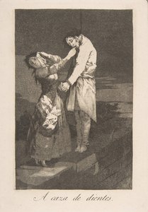 Tavle 12 fra Los Caprichos: Ud på jagt efter tænder A caza des dientes., 1799. af Francisco de Goya