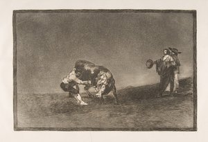 Tauromaquia-plade 16: Den samme mand kaster en tyr i ringen i Madrid, 1816. af Francisco de Goya