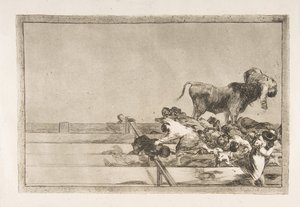 Plade 21 fra Tauromaquia: Forfærdelige begivenheder i de forreste rækker af ringen i Madrid a..., 1816. af Francisco de Goya