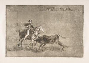 Plade 22 fra Tauromaquia: Den berømte Pajueleras mandlige mod i [ringen] ved..., 1816. af Francisco de Goya