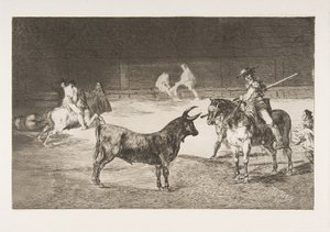 Tallerken 27 fra Tauromachia: Den berømte stinger, Fernando del Toro, tegner den brændende..., af Francisco de Goya