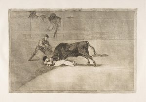 Plade 33 fra Tauromaquia: Pepe Illos uheldige død i ringen i Madrid., 1816. af Francisco de Goya
