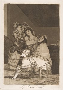 Plade 35 fra Los Caprichos: Hun flåder ham Le descañona., 1799. af Francisco de Goya
