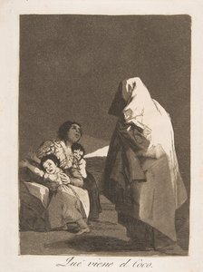 Plade 3 fra Los Caprichos: Her kommer bogey-manden Que, der kommer el Coco., 1799. af Francisco de Goya