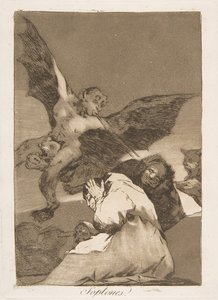 Plade 48 fra Los Caprichos: Tale-Bearers-Blasts of Wind Soplones., 1799. af Francisco de Goya