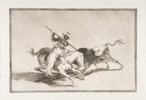 Plade 5 fra The Tauromaquia: Den livlige Moor Gazul er den første til at spyde tyre, 1816. af Francisco de Goya