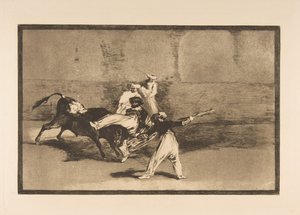 Plade 8 fra Tauromaquia: En hede fanget af tyren i ringen, ca. 1816. af Francisco de Goya