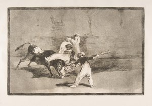 Tauromaquia-plade 8: En maur fanget af tyren i ringen, 1816. af Francisco de Goya