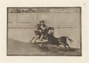 Un caballero espa?ol en plaza quebrando rejoncillos sin auxilio de los chulos (En spansk ridder i ringen, der knækker korte spyd uden hjælp fra assistenter), tavle 13 fra La tauromaquia af Francisco de Goya
