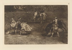 En tyrefægter rider på skuldrene af d?n chulo af Francisco de Goya