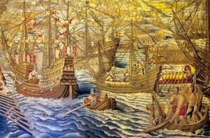 Skibene og barken - Detalje af erobringen af Tunis (Tunesien) - Tapet af Francisco og Cornelius Van der Ggot (1700-tallet), vævet ind i den kongelige gobelinfabrik, midten af det 18. århundrede, efter det 16. århundredes gobelin af Willem de Pannemaker - ( af Francisco Ignacio Vandergoten Canyuwell