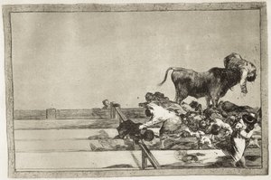 GOYA Y LUCIENTES, Francisco de (1746-1828). Frygtelige begivenheder på de forreste rækker af ringen i Madrid og Torrejons borgmesters død i 1801. 1816. Plade 21 af "The Art of Tyrefighting". Ætsning. SPANIEN. MADRID (AUTONOM FÆLLESSKAB). Madrid. national af Francisco Jose de Goya y Lucientes