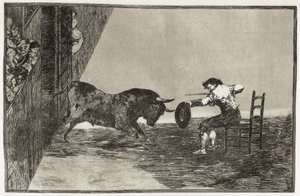 GOYA Y LUCIENTES, Francisco de (1746-1828). Martinchos (sandsynligvis Antonio Ebassum) vovemod i ringen ved Saragossa. 1816. (24,9 x 35,7 cm). Plade 18 af "Kunsten at tyrefægtning". Ætsning. SPANIEN. MADRID (AUTONOM FÆLLESSKAB). Madrid. Nationalbiblioteket af Francisco Jose de Goya y Lucientes