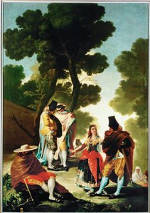 La maja y los Embozados - majaen og de kappeklædte mænd, tegneserie til billedtæppet 40-06-09/42 ... (maleri på lærred) af Francisco Jose de Goya y Lucientes