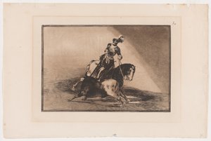 Tallerken 10 fra La Tauromaquia: Charles V Spyde en tyr i ringen ved Valladolid, 1816, trykt 1876 (ætsning og akvatinte på lagt papir) af Francisco Jose de Goya y Lucientes