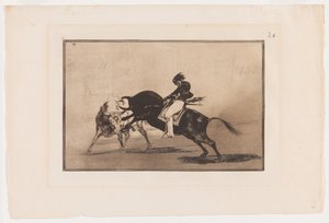 Tallerken 24 fra La Tauromaquia: The Same Ceballos monteret på Another Bull Breaks Korte spyd i ringen i Madrid af Francisco Jose de Goya y Lucientes
