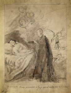 Sankt Francois (Francis) Borgia (1510-1578) ved sengen til en døende ubodsmand. Tegning 1788, af Francisco de Goya y Lucientes (1746-1828). Skitse til maleriet af samme titel bestilt af familien Ausuna. Prado-museet, Madrid.