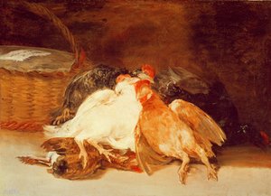 Stilleben med døde kyllinger og en flettet kurv (olie på lærred) af Francisco de Goya