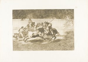 Den kraftfulde Rendón stikker en tyr med piquéen, hvorfra han døde i ringen i Madrid, plade 28 fra The Art of Tyrefighting af Francisco Jose de Goya y Lucientes