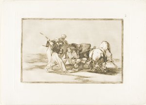 Maurerne havde slået sig ned i Spanien, opgivet overtroen i Koranen, overtaget denne jagtkunst og spyd en tyr i det fri, plade tre fra The Art of Tyrefighting af Francisco Jose de Goya y Lucientes