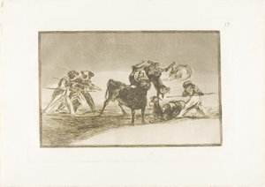 Maurerne bruger æsler som barriere til at forsvare sig mod tyren, hvis horn er blevet tippet med bolde, plade 17 fra The Art of Tyrefighting af Francisco Jose de Goya y Lucientes