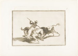 Den spændende Moor Gazul er den første til at spyde tyre i henhold til regler, plade fem fra kunsten at tyrefægtning af Francisco Jose de Goya y Lucientes